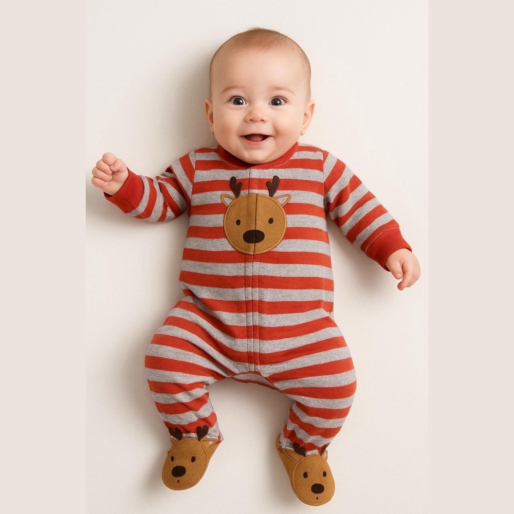 Carters Baby Striped Reindeer Footed Sleeper Onesie Two Way Zip Size 6M Red NWT